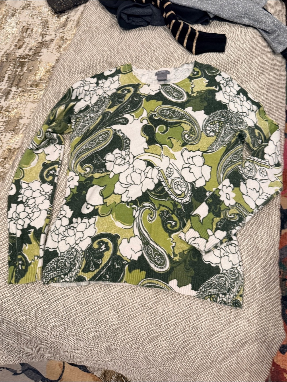 Ann Taylor Green Paisley & Floral Crewneck Sweater